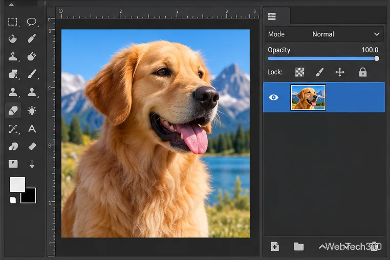 Editor no estilo GIMP que exibe a camada de imagem selecionada e os controles de bloqueio no painel Camadas.