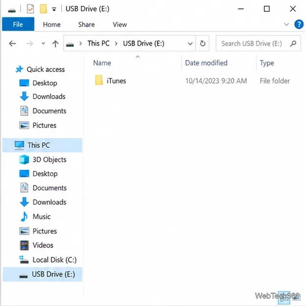 Папка iTunes скопирована на резервный USB-накопитель через проводник файлов.