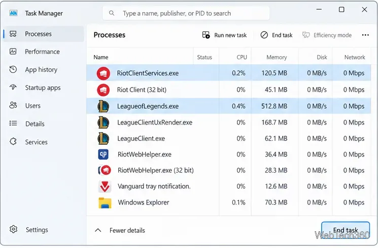 โปรแกรมจัดการงานของ Windows แสดงกระบวนการ RiotClientServices.exe และ LeagueofLegends.exe ที่พร้อมจะถูกยุติ