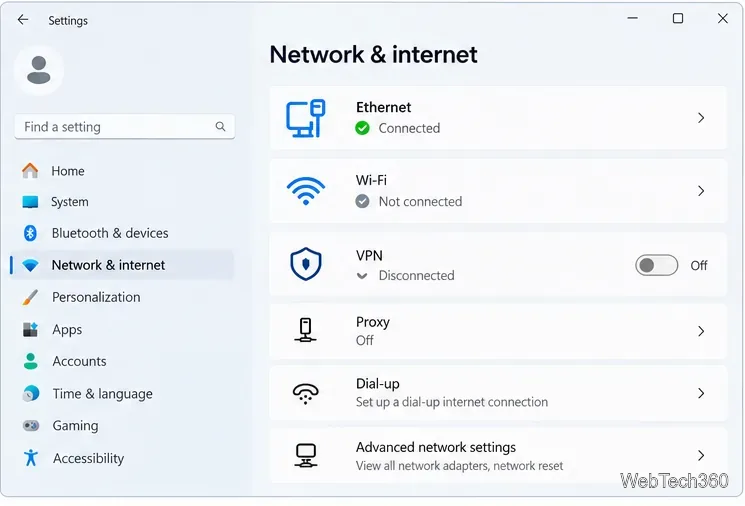 การตั้งค่าเครือข่ายและอินเทอร์เน็ตของ Windows แสดงว่าเชื่อมต่อผ่าน Ethernet ทั้งที่ VPN และพร็อกซีปิดอยู่