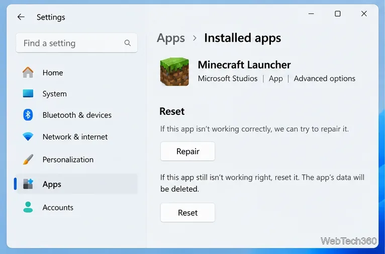 Impostazioni delle app installate di Windows 11 che mostrano le opzioni Ripara e Reimposta per Minecraft Launcher