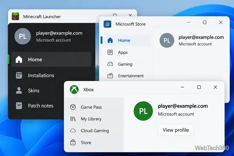 Minecraft Launcher, Microsoft Store e l'app Xbox mostrano lo stesso account Microsoft
