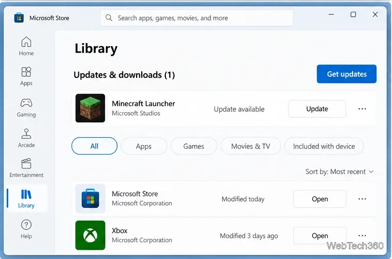 Nella libreria del Microsoft Store viene visualizzato un aggiornamento disponibile per Minecraft Launcher e il pulsante "Ottieni aggiornamenti".