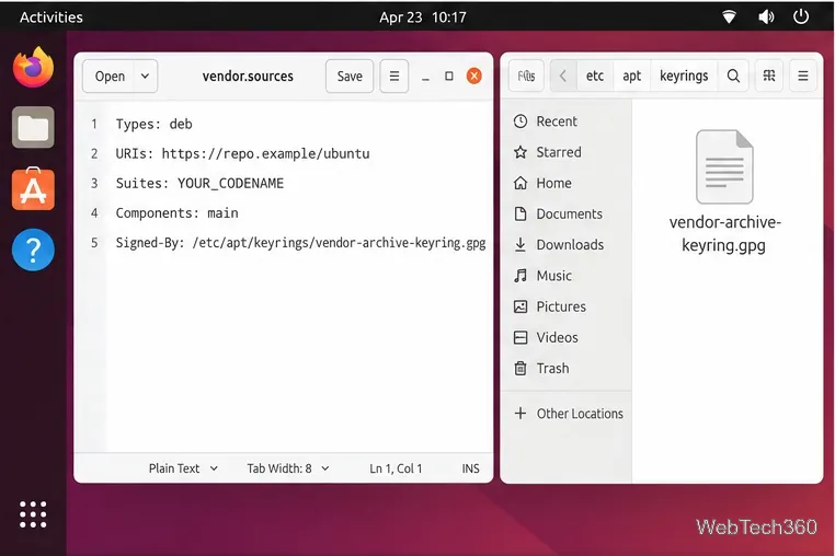 Editorul de text Ubuntu afișează un fișier sursă deb822 cu Signed-By indicând un keyring specific repository-ului