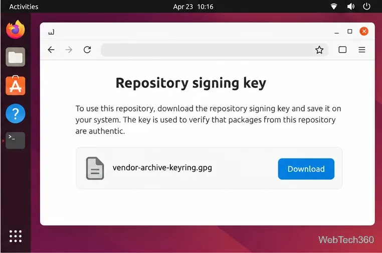 Pagină de browser care afișează descărcarea cheii de semnare a depozitului unui editor de software