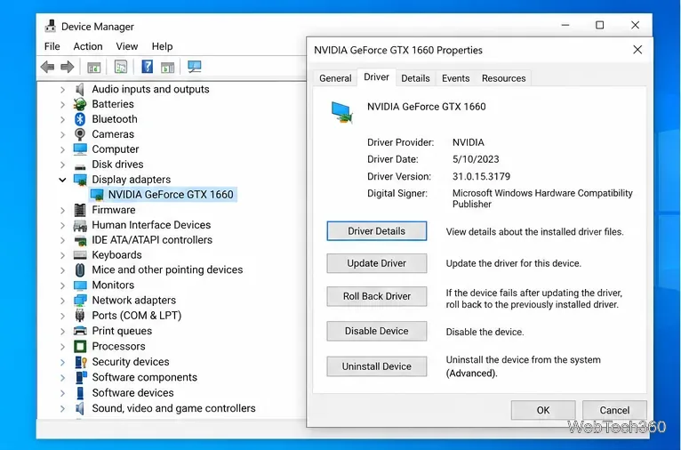 Диспетчер устройств Windows 10 с расширенным списком видеоадаптеров и элементами управления обновлением и откатом драйверов графического процессора.