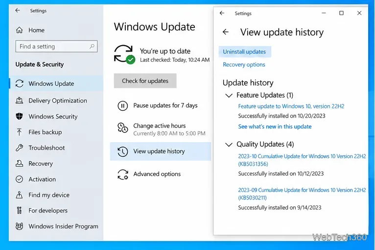 Windows 10: Центр обновления Windows и экраны истории обновлений с опцией «Удалить обновления».