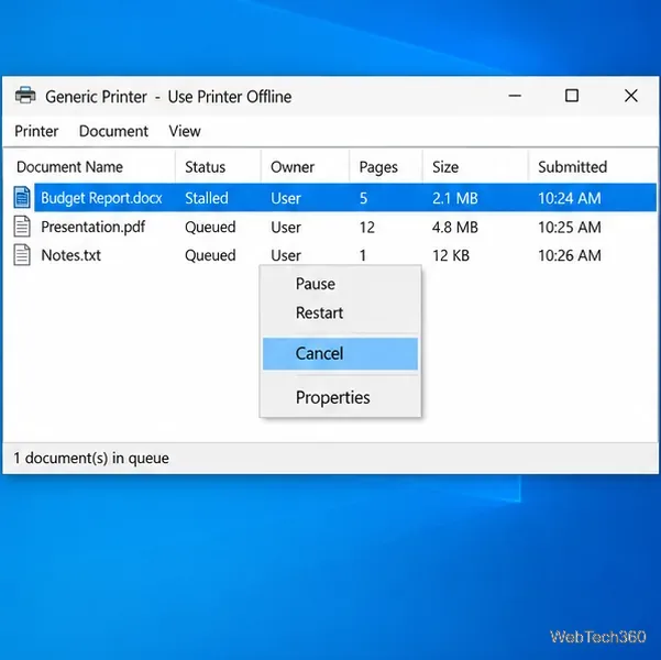 คิวงานพิมพ์ของ Windows 10 แสดงงานที่ค้างอยู่และคำสั่งยกเลิก
