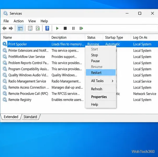 คอนโซลบริการของ Windows เลือก Print Spooler ไว้ และคำสั่ง Restart เปิดอยู่