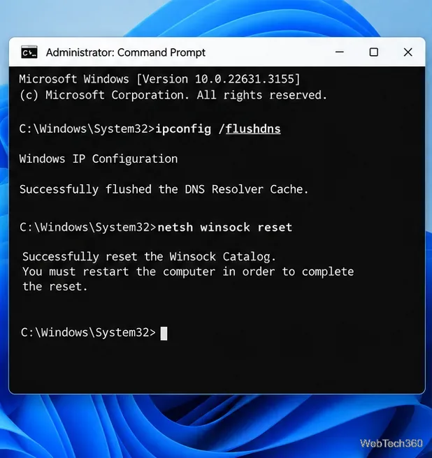 Administrator Command Prompt showing ipconfig flushdns and netsh winsock reset network repair commands