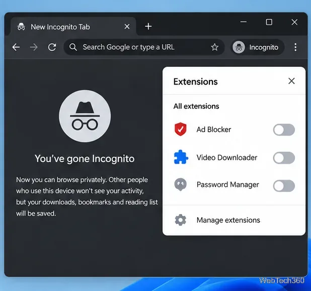 Chrome Incognito window beside the extensions manager with extensions switched off