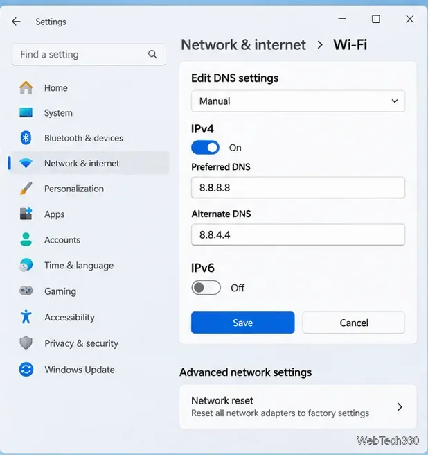 Windows 11 Network and internet settings with manual DNS values 8.8.8.8 and 8.8.4.4 and Network reset below
