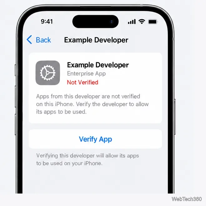 Illustrative developer page showing Not Verified and a Verify App button