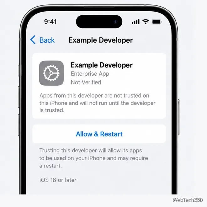 Illustrative enterprise developer screen with an Allow & Restart button