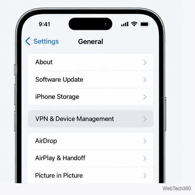 Illustrative iPhone General settings screen with VPN & Device Management highlighted