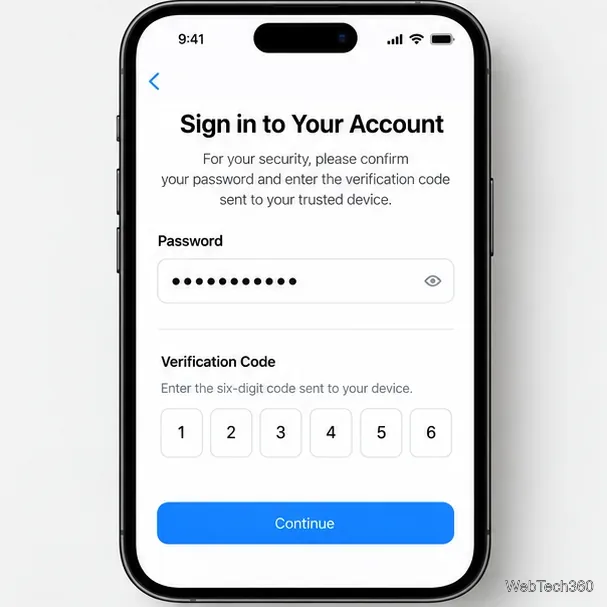 Экран входа в учетную запись Apple на iPhone с полем для скрытого пароля и шестью полями для ввода кода подтверждения.