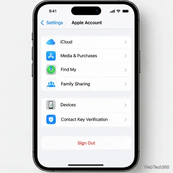 В нижней части страницы настроек учетной записи Apple отображается пункт «Выход из системы».