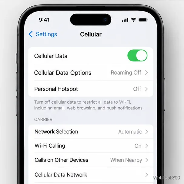 В настройках сотовой связи iPhone включена функция сотовых данных.
