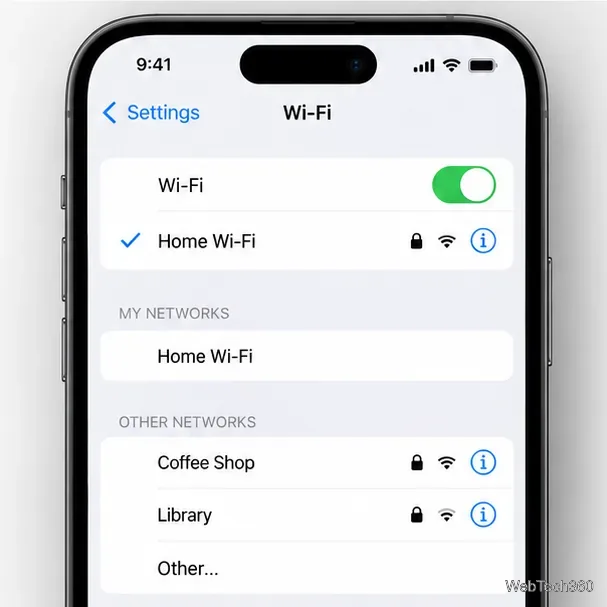В настройках Wi-Fi на iPhone отображается включенный Wi-Fi и подключенная сеть.