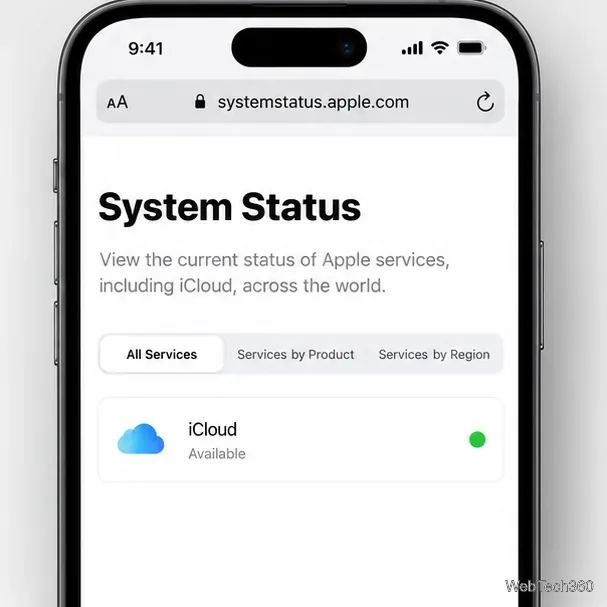 Отображение состояния системы Apple в мобильном браузере с видимой строкой службы iCloud.