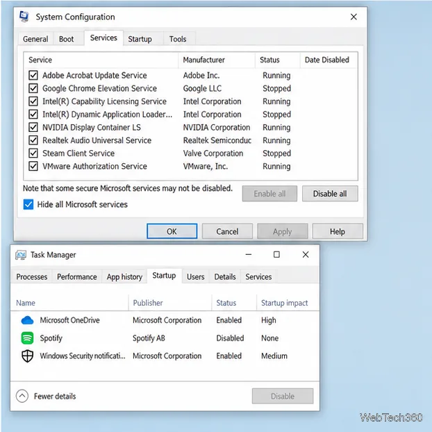 Windows System Configuration Services tab with Hide all Microsoft services checked and Task Manager Startup visible
