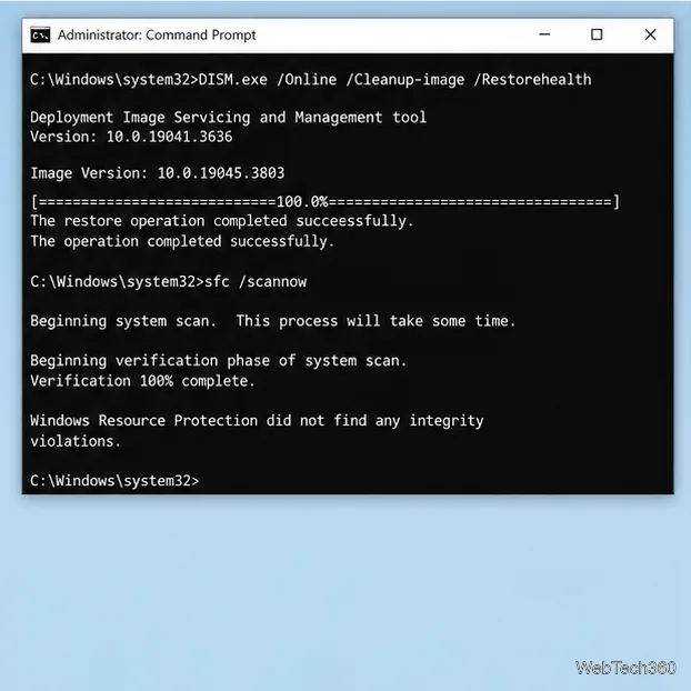 Administrator Command Prompt displaying DISM and sfc commands with example completion output