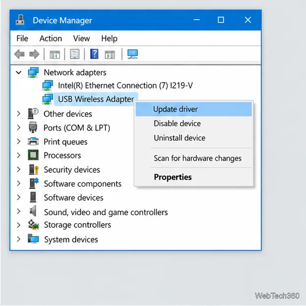 Windows 10 Device Manager with a USB wireless adapter selected and driver options visible