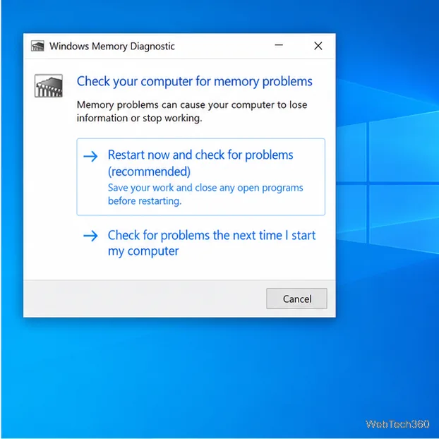 Windows Memory Diagnostic dialog offering to restart now or check for problems at the next startup
