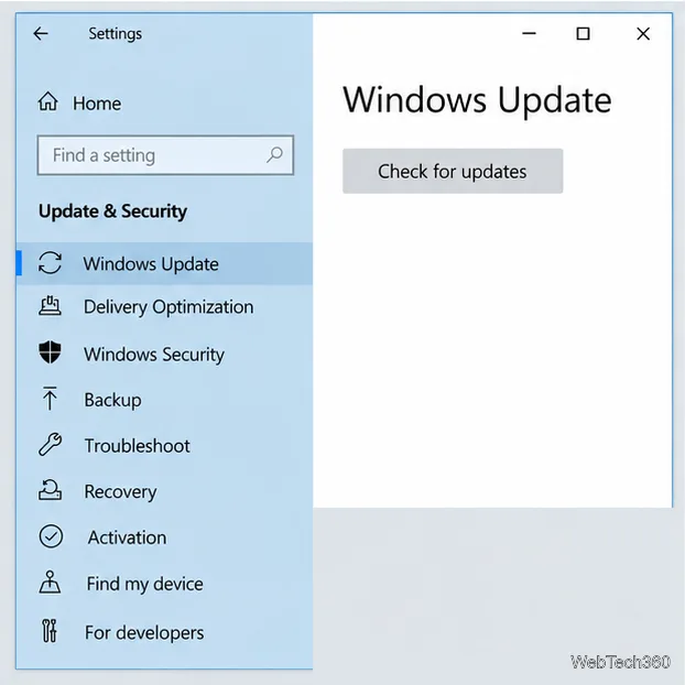 Windows 10 Settings on the Windows Update page with the Check for updates button