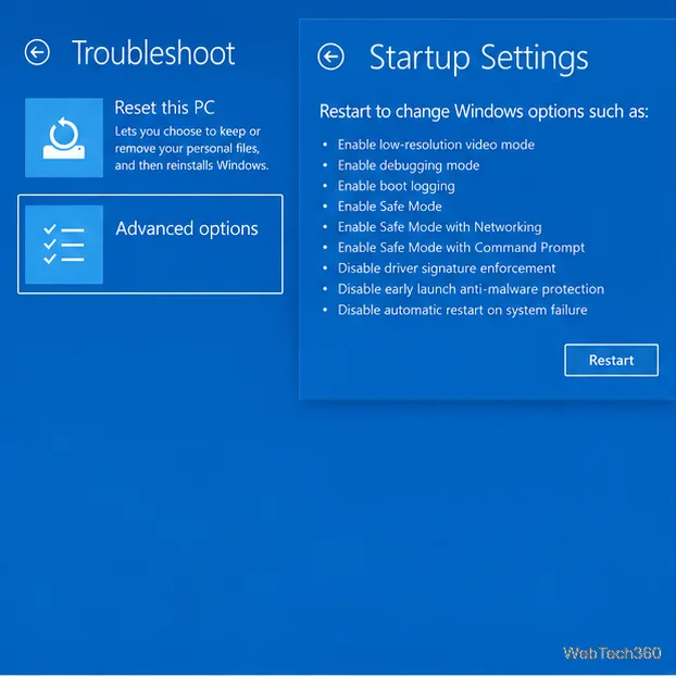 Windows Recovery Environment Startup Settings screen listing Safe Mode options and a Restart button