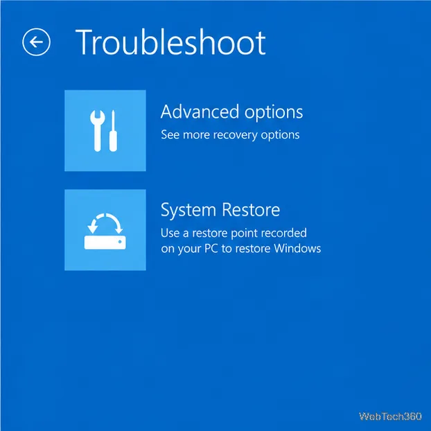 Windows Recovery Environment Troubleshoot screen showing Advanced options and System Restore