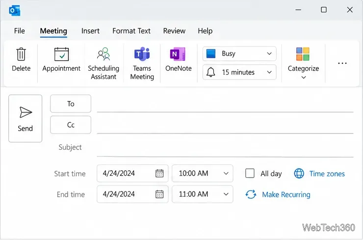Modulo di riunione Outlook classico con il comando Riunione di Teams visibile nella barra multifunzione