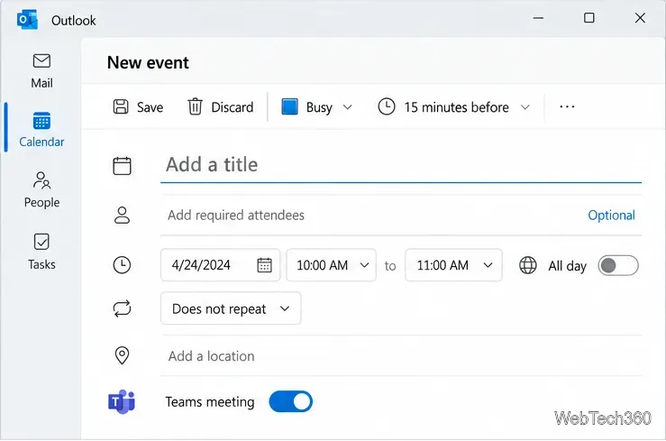 Nuovo modulo evento di Outlook con l'opzione "Riunione di Teams" attivata.