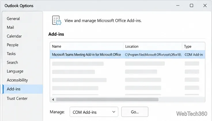 Opzioni dei componenti aggiuntivi di Outlook classico che mostrano i controlli del componente aggiuntivo Riunione di Microsoft Teams e dei componenti aggiuntivi COM.
