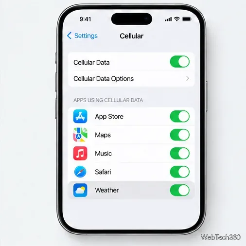 В настройках сотовой связи iPhone включите передачу сотовых данных для просмотра погоды.
