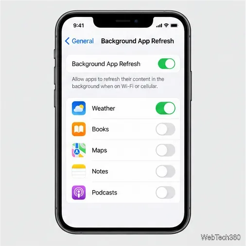 Настройки фонового обновления приложений на iPhone с включенным переключателем «Погода».
