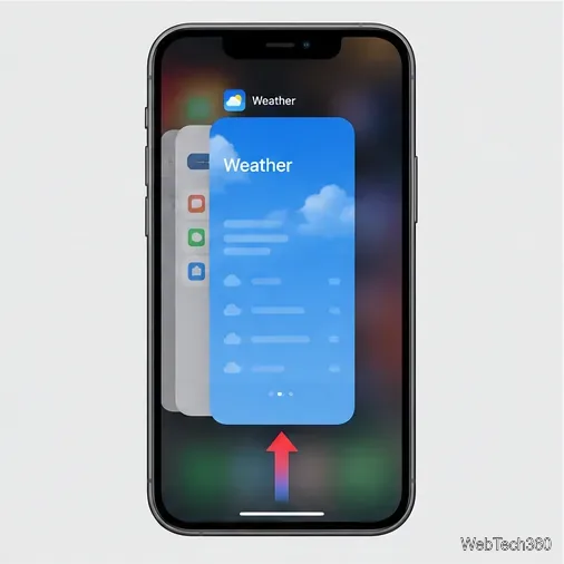 Карточка приложения «Погода» в переключателе приложений на iPhone отображается с помощью жеста смахивания вверх.