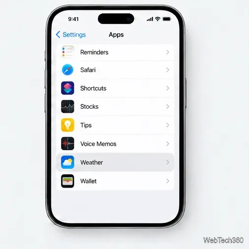 В списке приложений «Настройки» на iPhone в разделе «Приложения» выбрано приложение «Погода».