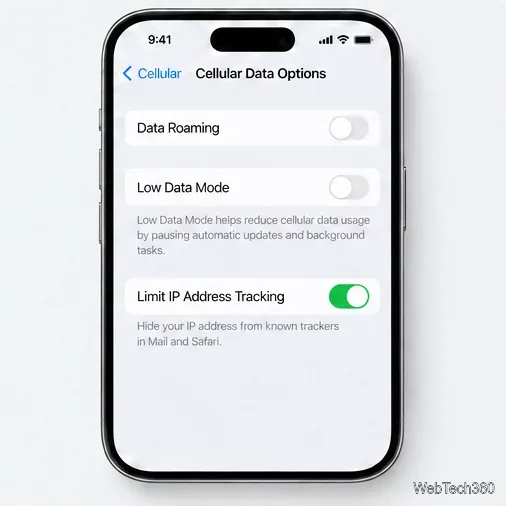 В настройках сотовой связи iPhone отображается сообщение о том, что режим экономии трафика отключен.