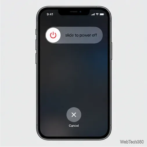 На экране питания iPhone отображается кнопка выключения устройства, которую нужно сдвинуть для завершения процесса.