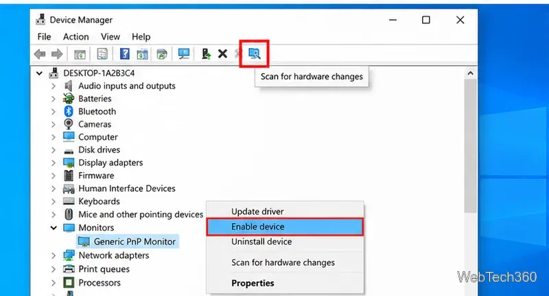 Device Manager Generic PnP Monitor with Enable device and Scan for hardware changes