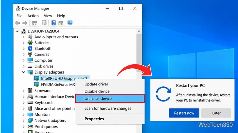 Device Manager Uninstall device option followed by a Windows restart prompt