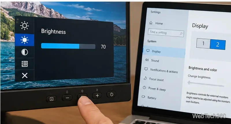 External monitor brightness menu controlled by physical monitor buttons
