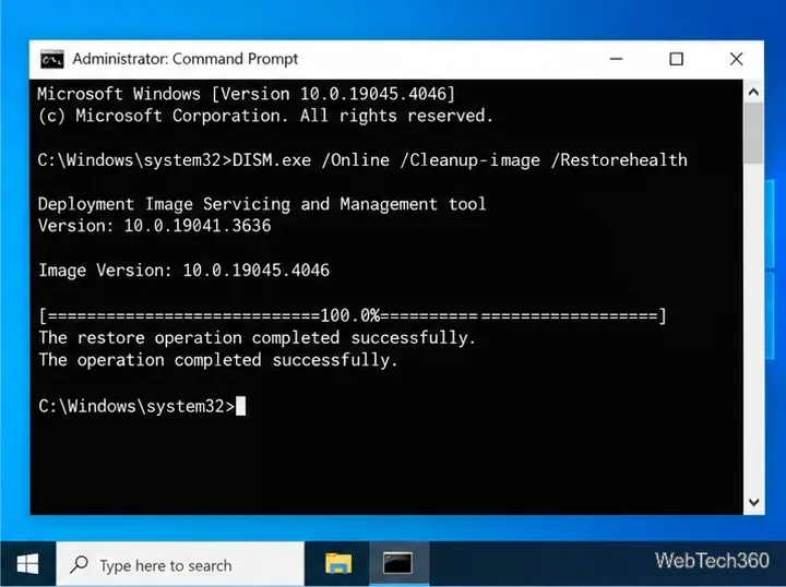 Administrator Command Prompt in Windows 10 showing DISM RestoreHealth completed successfully