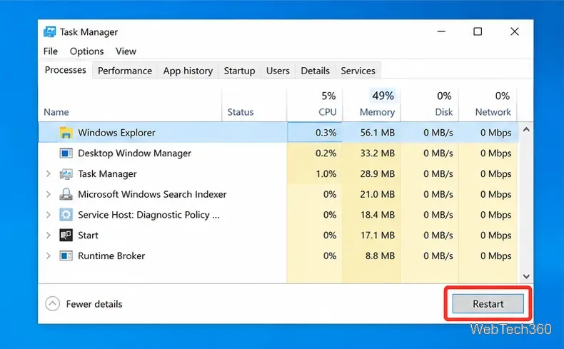 Windows 10 Task Manager with Windows Explorer selected and the Restart button visible