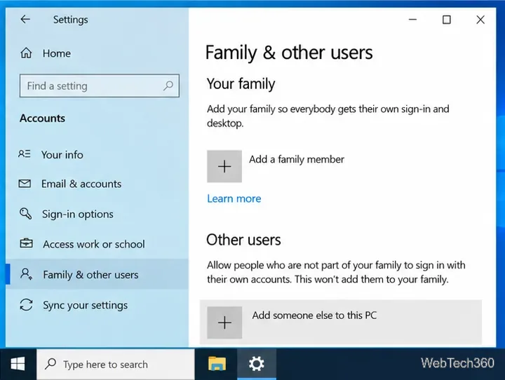 Windows 10 Settings on Family and other users with Add someone else to this PC visible