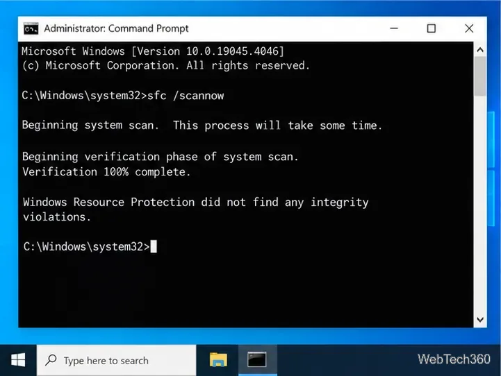 Administrator Command Prompt in Windows 10 showing an SFC scannow verification result