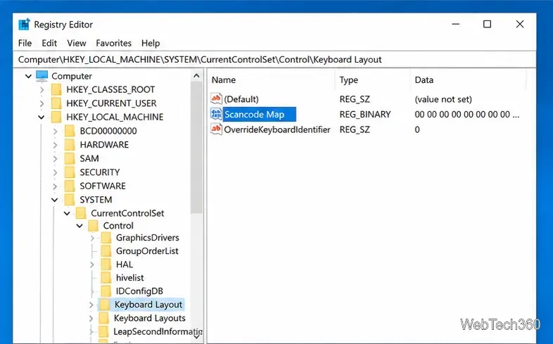 Windows Registry Editor showing the Keyboard Layout path with Scancode Map selected