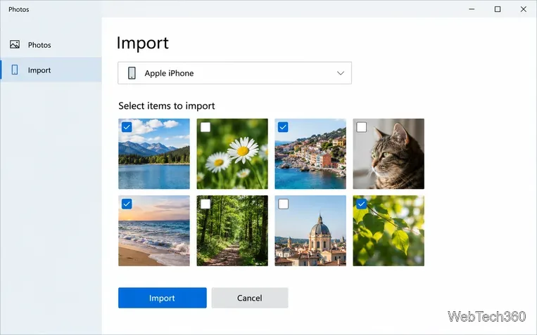 O aplicativo Fotos do Windows tem a opção Importar selecionada, com o iPhone da Apple escolhido como origem e as fotos prontas para serem importadas.
