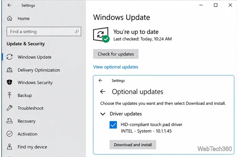 หน้าอัปเดต Windows 10 พร้อมส่วน "ดูการอัปเดตเพิ่มเติม" และส่วน "การอัปเดตไดรเวอร์" สำหรับไดรเวอร์ทัชแพด